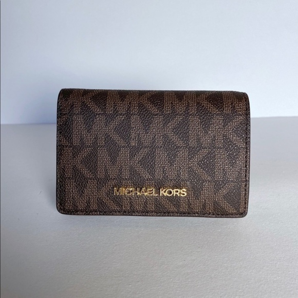 NEW Michael Kors Jet Set Medium Slim Bifold Wallet in Brown Signature Canvas - Picture 1 of 7